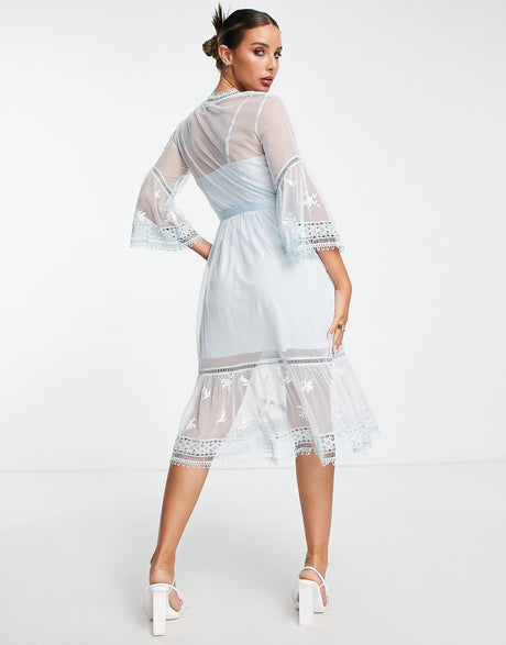 French Connection Midi Tea Dress With Delicate Floral Embroidery In Baby Blue