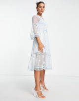 French Connection Midi Tea Dress With Delicate Floral Embroidery In Baby Blue