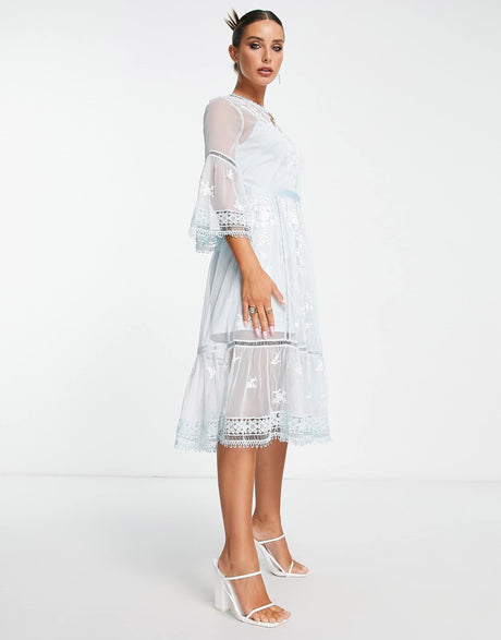 French Connection Midi Tea Dress With Delicate Floral Embroidery In Baby Blue