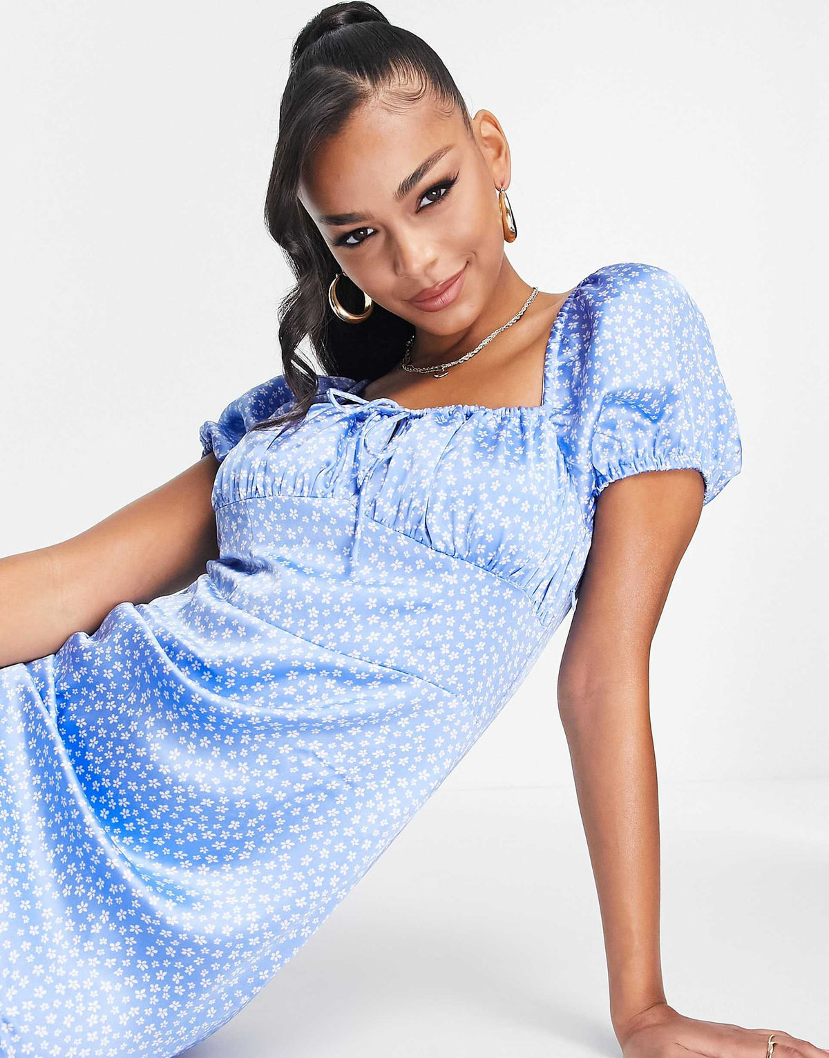 Na-Kd Puff Sleeve Midi Dress In Blue Floral Print