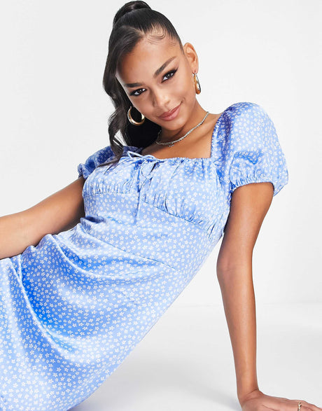 Na-Kd Puff Sleeve Midi Dress In Blue Floral Print