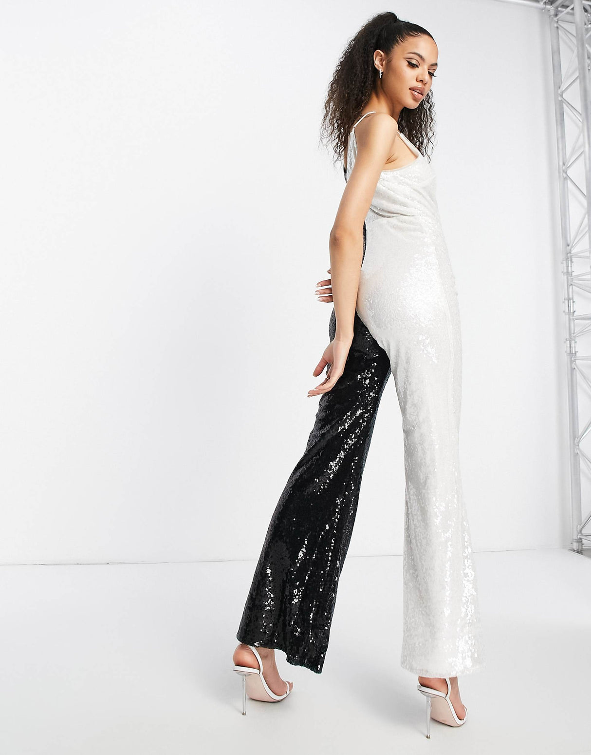 Jaded Rose 70S Plunge Flare Cami Jumpsuit In Contrast Sequin