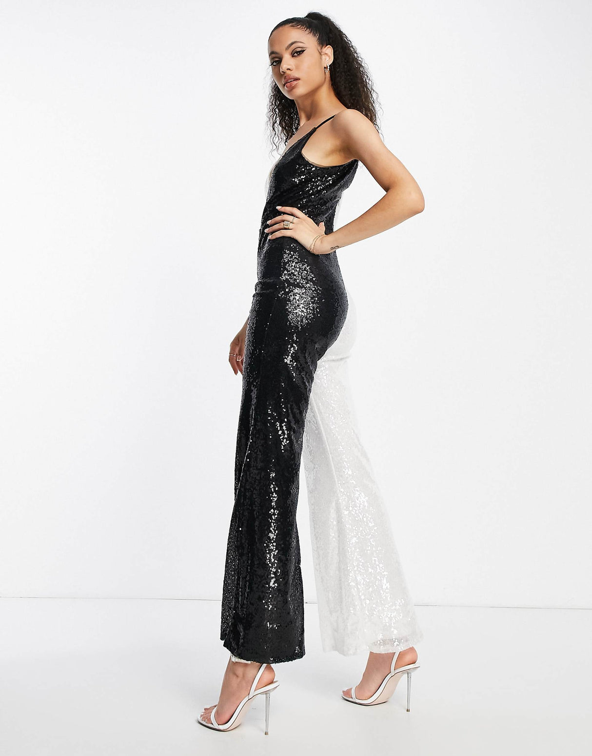 Jaded Rose 70S Plunge Flare Cami Jumpsuit In Contrast Sequin