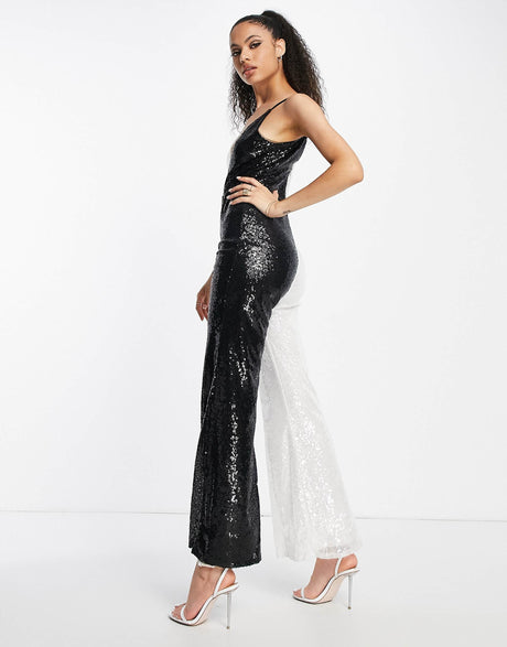 Jaded Rose 70S Plunge Flare Cami Jumpsuit In Contrast Sequin