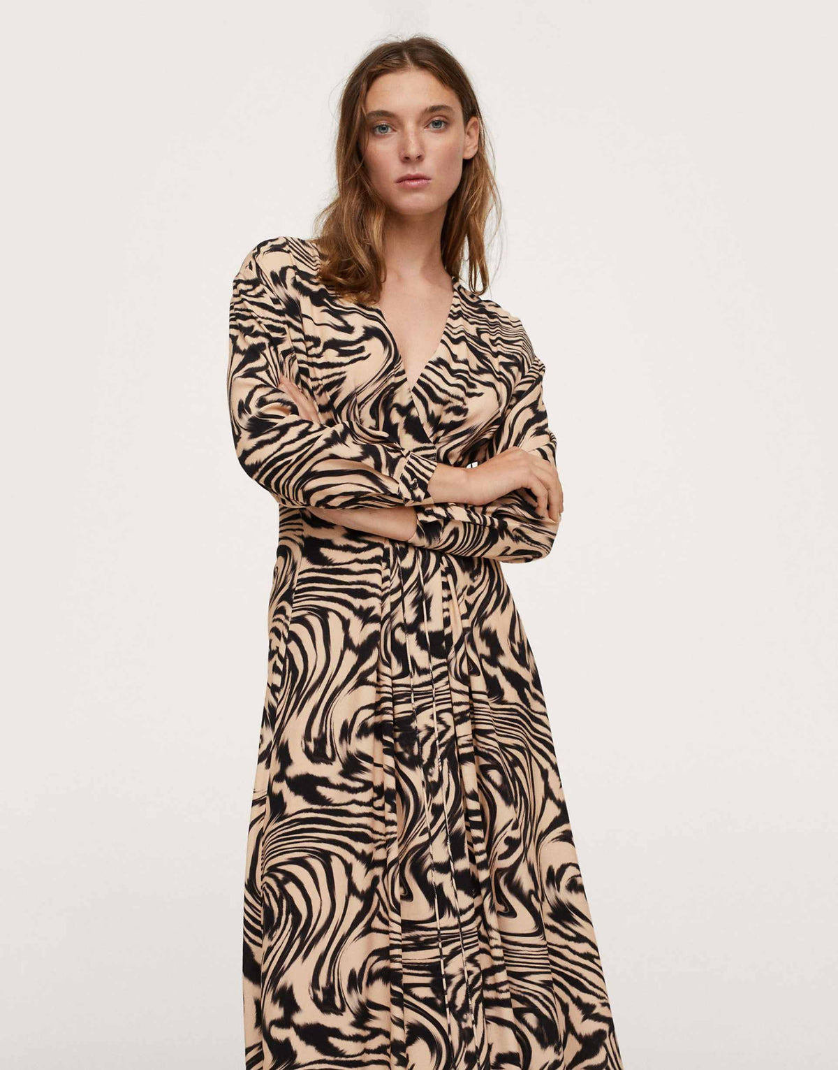 Mango Wavey Marble Print Midi Dress In Brown