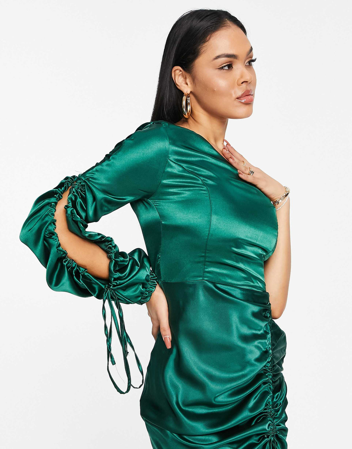 Trendyol One Sleeve Mini Dress In Emerald Green Satin