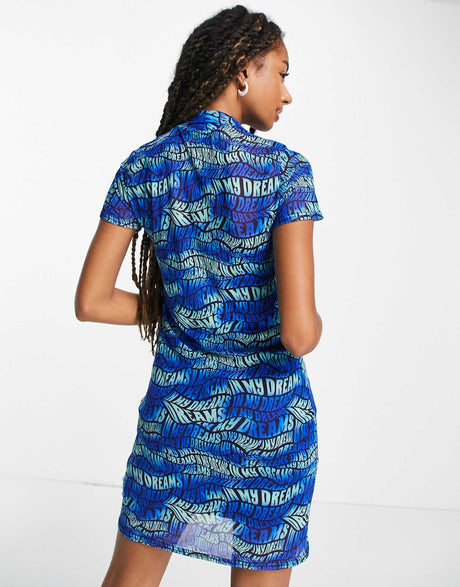Daisy Street Button Front T-Shirt Mini Dress In Wavy Blue Text Print Mesh