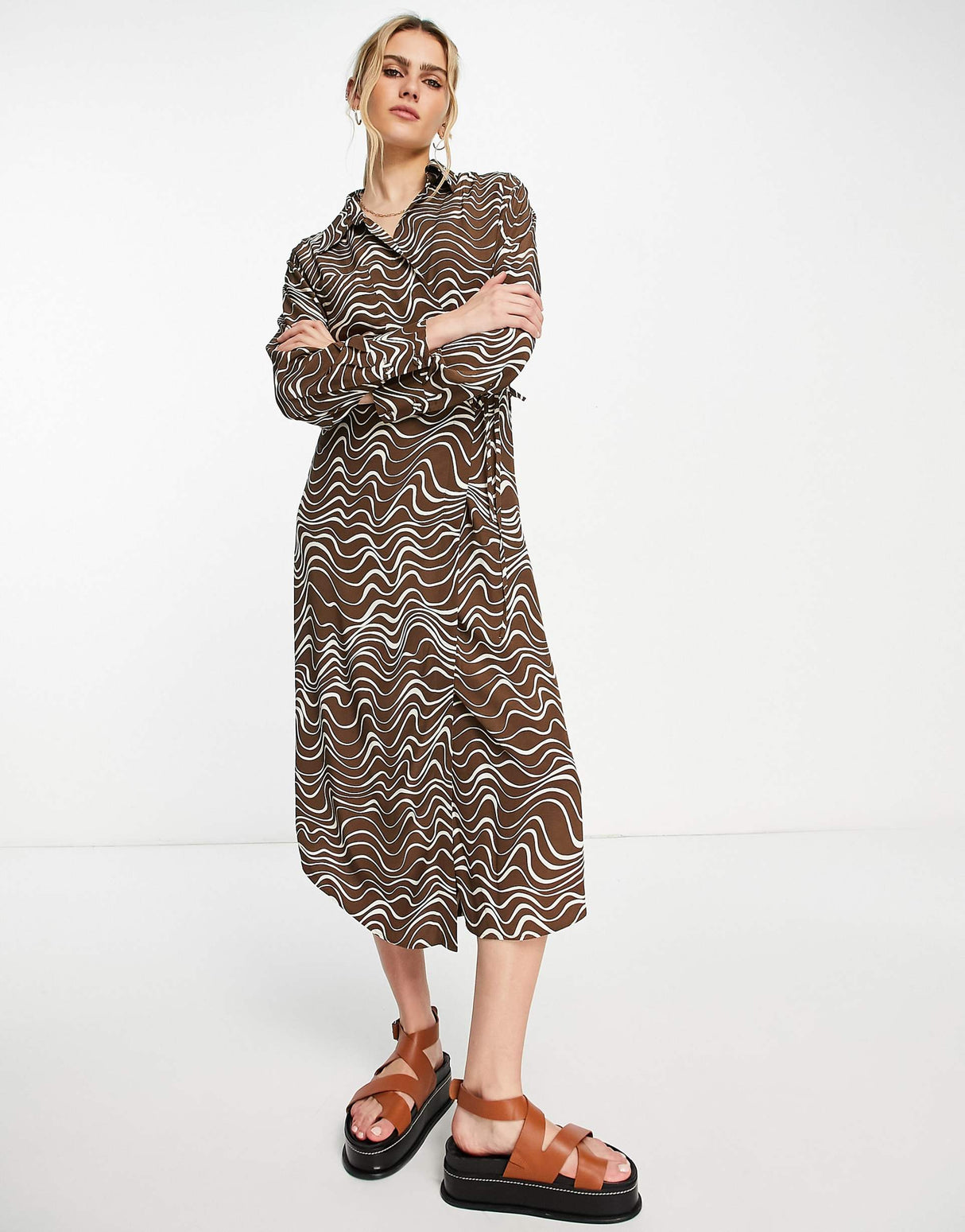 & Other Stories Shirt Midi Dress In Brown Print