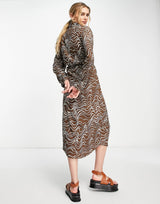 & Other Stories Shirt Midi Dress In Brown Print