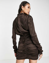 Rare London Ruched Satin Mini Dress With High Neck In Brown