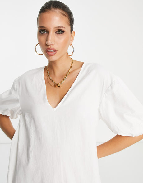 Pretty Lavish Balloon Sleeve Smock Midaxi Dress In White