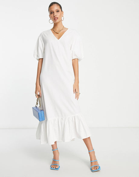 Pretty Lavish Balloon Sleeve Smock Midaxi Dress In White