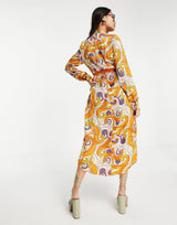 Never Fully Dressed Retro Groove Reversible Wrap Midi Dress In Orange