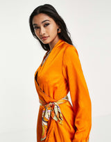 Never Fully Dressed Retro Groove Reversible Wrap Midi Dress In Orange