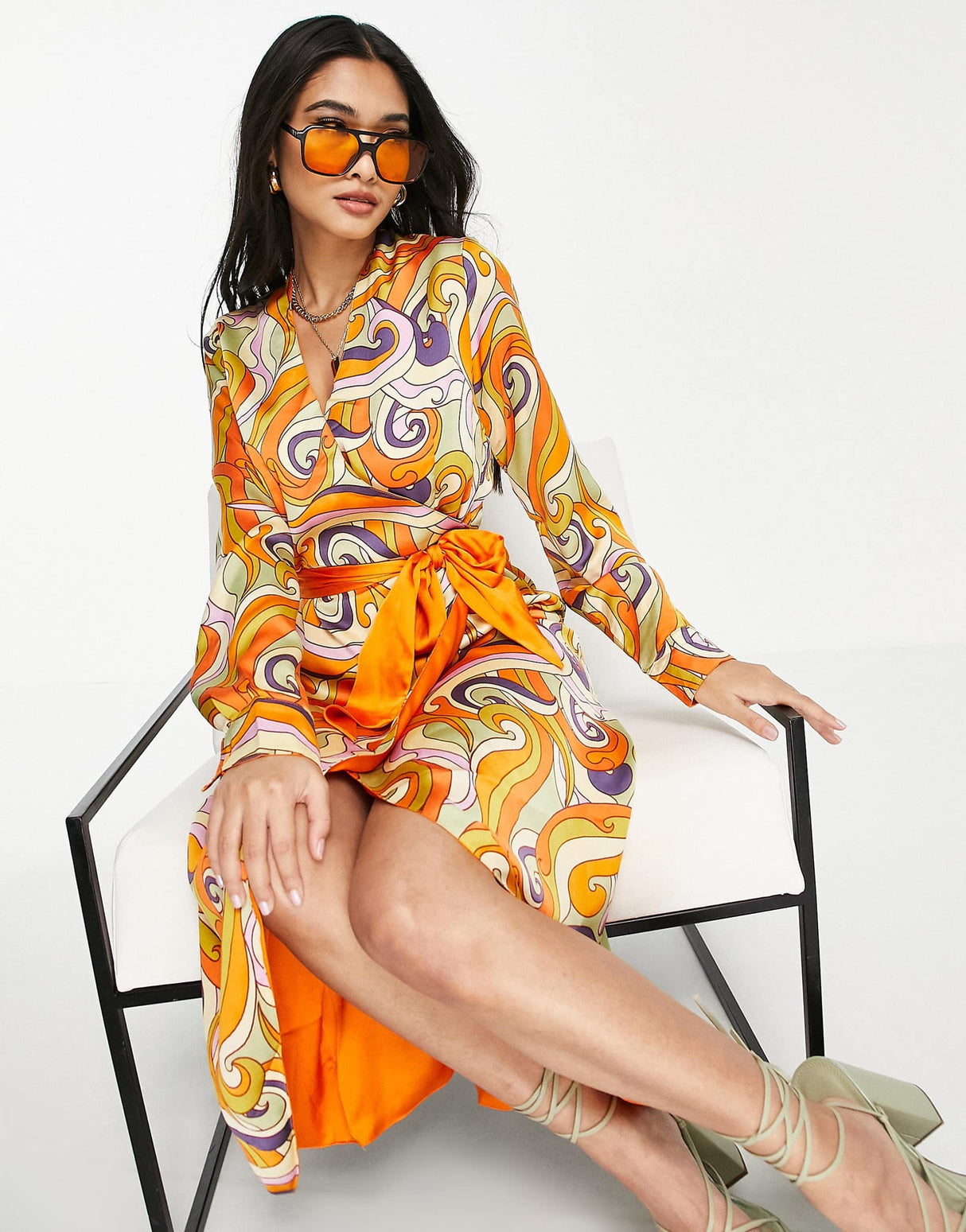 Never Fully Dressed Retro Groove Reversible Wrap Midi Dress In Orange