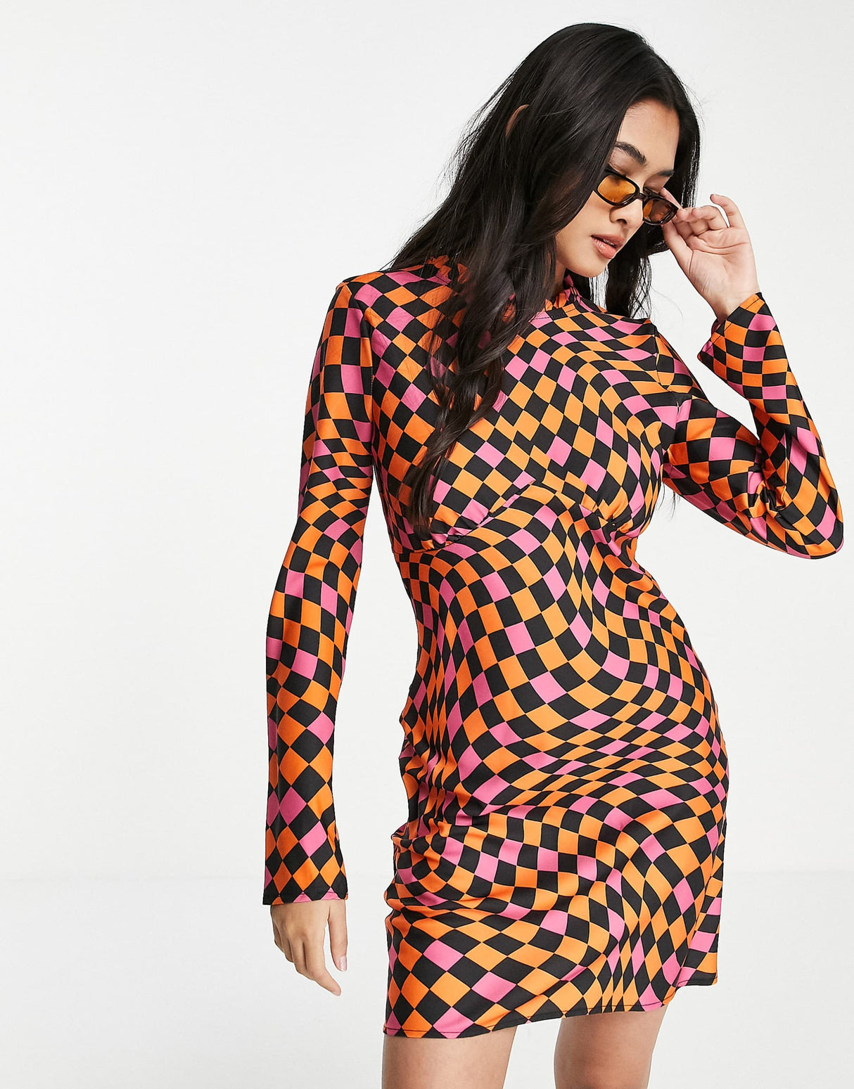 Never Fully Dressed Warped Checkerboard Mini Dress In Pink