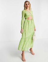 & Other Stories Polyester Mesh Cut Out Maxi Dress In Green Zebra Print