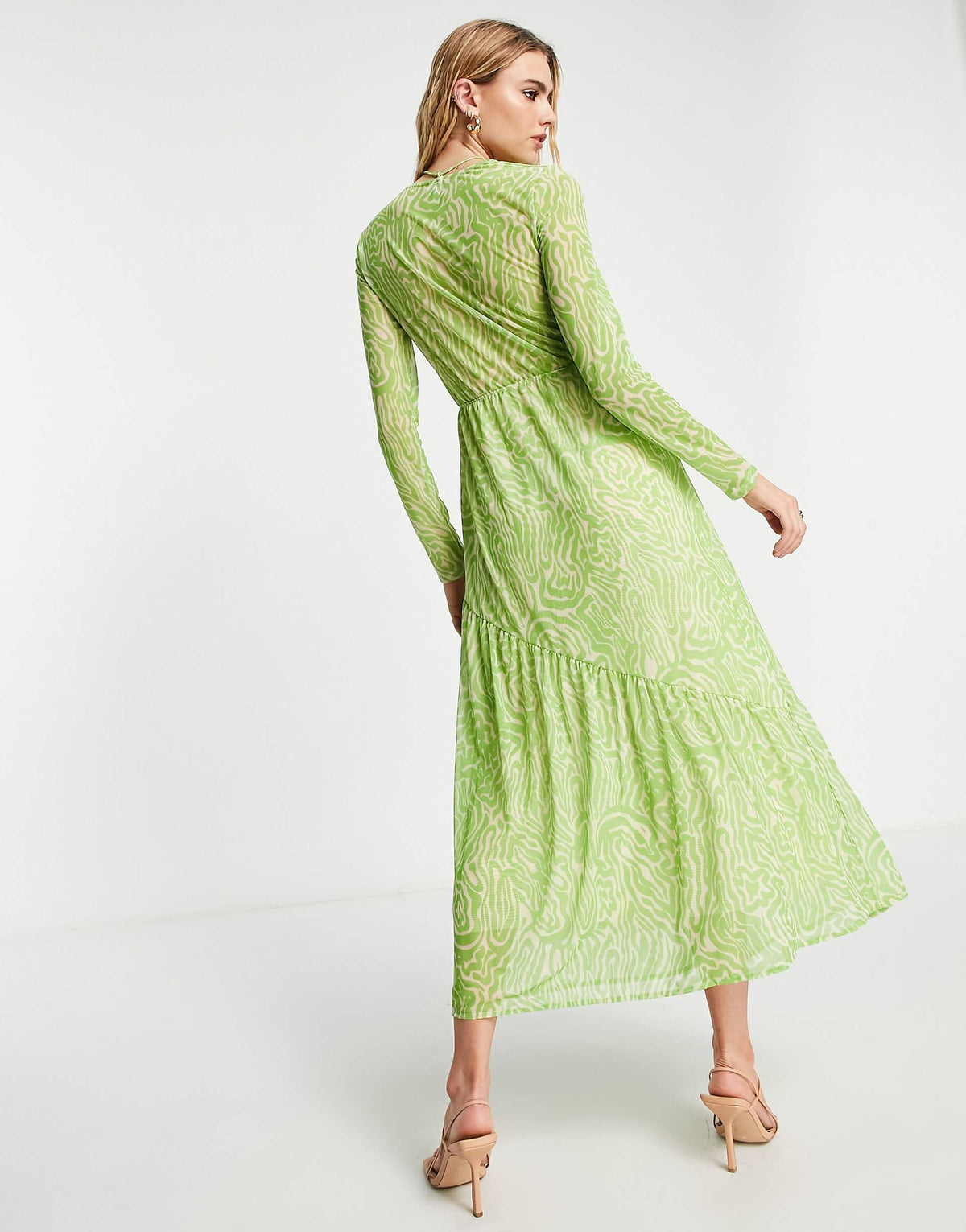 & Other Stories Polyester Mesh Cut Out Maxi Dress In Green Zebra Print