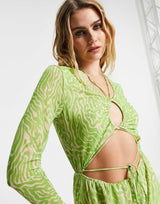 & Other Stories Polyester Mesh Cut Out Maxi Dress In Green Zebra Print