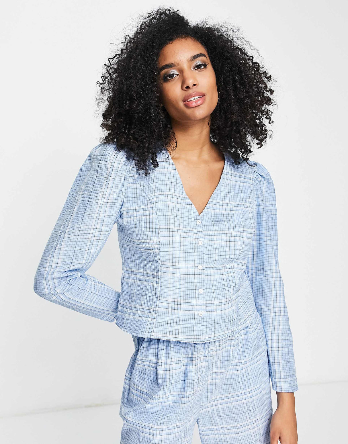 Selected Femme Seersucker Check Button Through Shirt Co-Ord In Light Blue