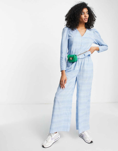 Selected Femme Seersucker Check Button Through Shirt Co-Ord In Light Blue