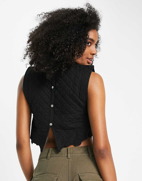 Mango Button Back Quilted Crop Vest With Embossed Flower Detail