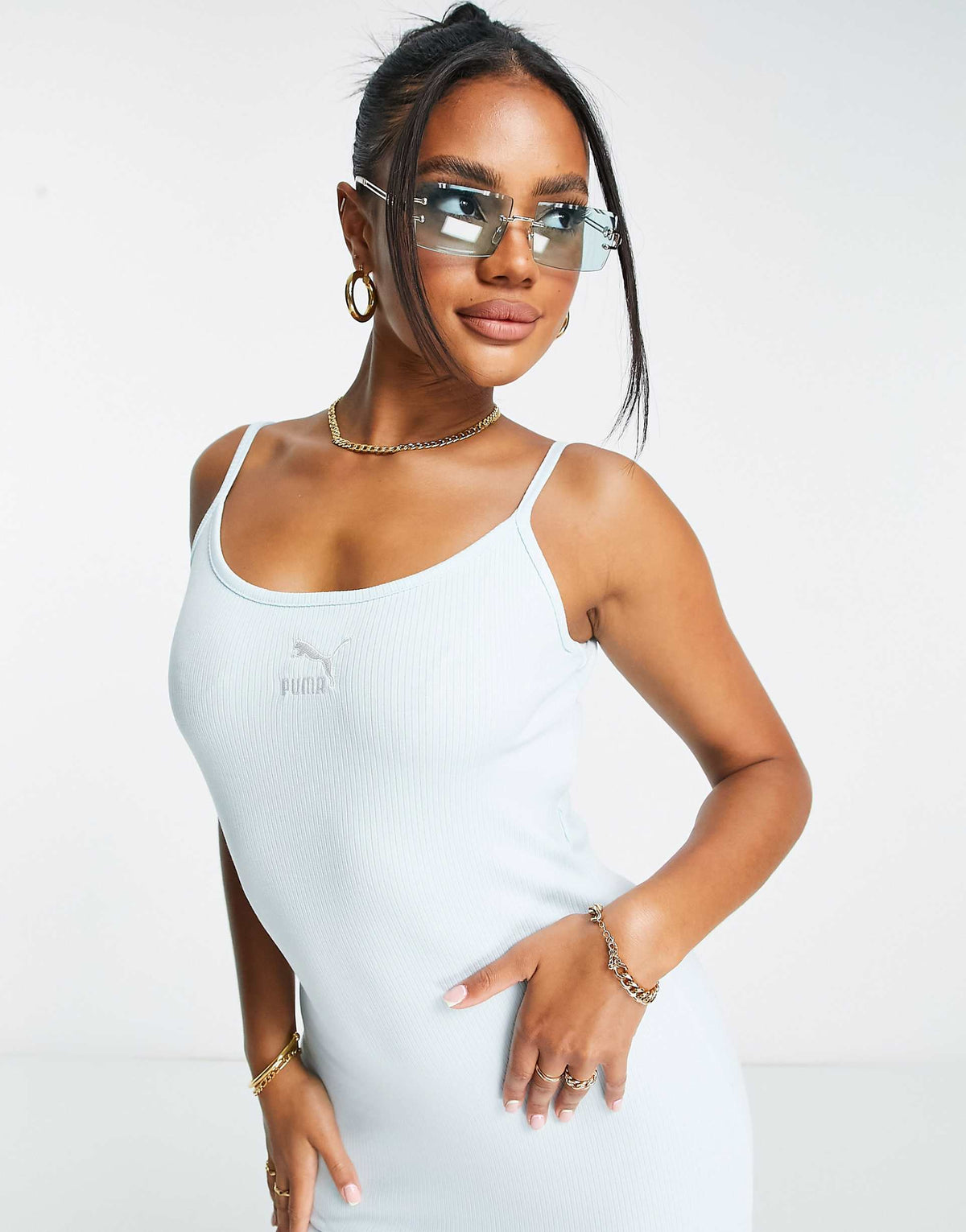 Puma Classics Ribbed Midi Dress In Baby Blue