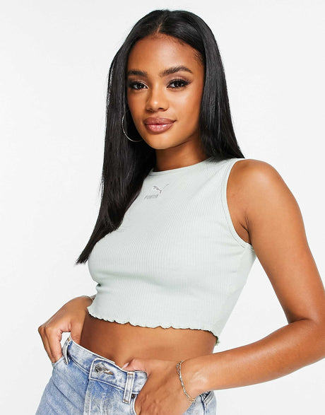 Puma Classics Lettuce Hem Crop Tank Top In Pastel Green