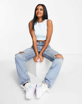Puma Classics Lettuce Hem Crop Tank Top In Baby Blue