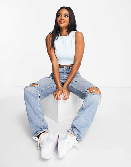 Puma Classics Lettuce Hem Crop Tank Top In Baby Blue