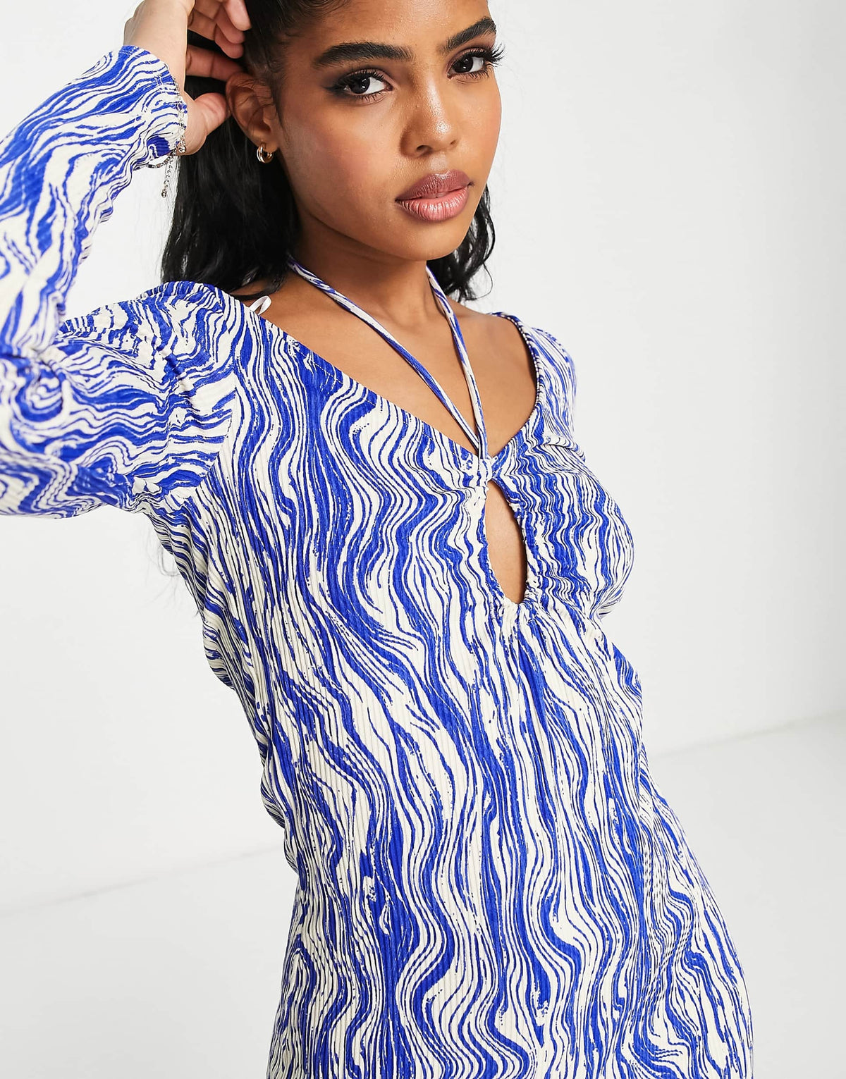 Monki Long Sleeve Halter Detail Mini Dress In Blue Swirl Print