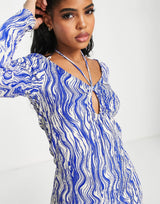 Monki Long Sleeve Halter Detail Mini Dress In Blue Swirl Print