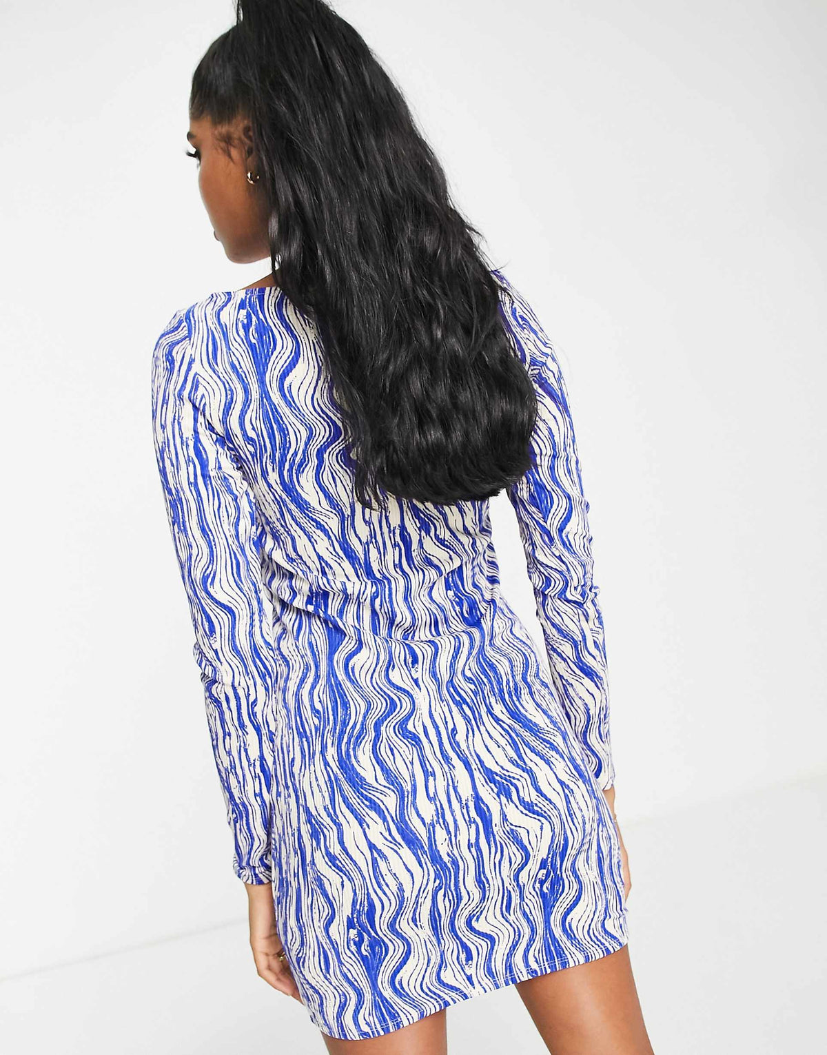 Monki Long Sleeve Halter Detail Mini Dress In Blue Swirl Print
