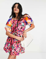 French Connection Cotton Mini Dress With Puff Sleeve In Contrast Prints