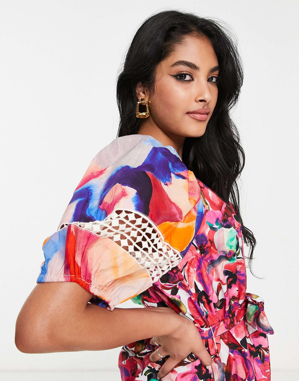 French Connection Cotton Mini Dress With Puff Sleeve In Contrast Prints