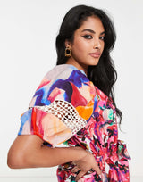 French Connection Cotton Mini Dress With Puff Sleeve In Contrast Prints