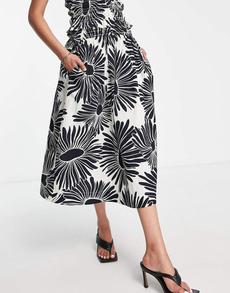Whistles High Waist Midi Skirt In Contrast Daisy Print Co-Ord
