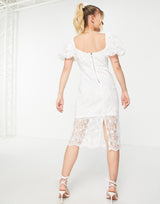 Love Triangle Puff Sleeve Midi Dress In White Lace