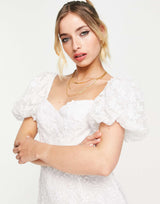 Love Triangle Puff Sleeve Midi Dress In White Lace