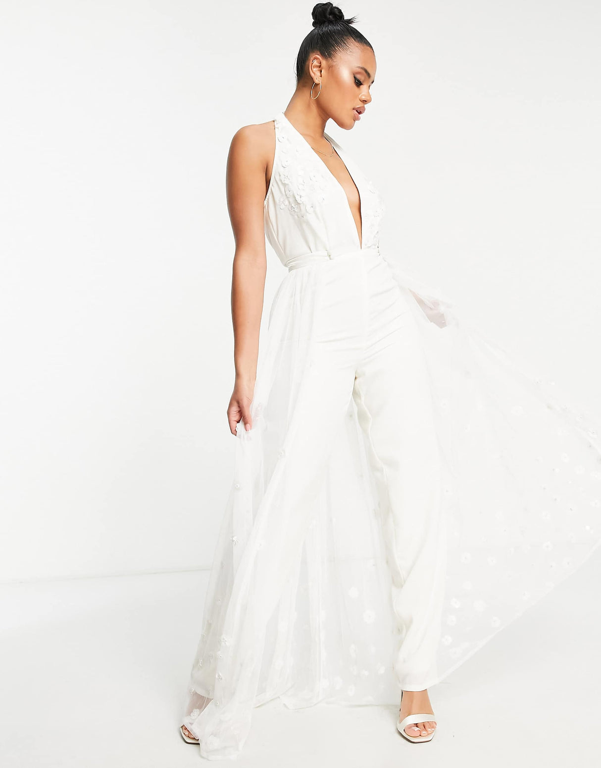Starlet Plunge Jumpsuit With Tulle Overlay In Ivory 3D Floral