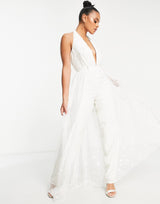Starlet Plunge Jumpsuit With Tulle Overlay In Ivory 3D Floral
