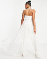 Starlet Plunge Jumpsuit With Tulle Overlay In Ivory 3D Floral