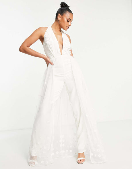 Starlet Plunge Jumpsuit With Tulle Overlay In Ivory 3D Floral