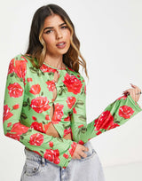 In The Style X Liberty Keyhole Long Sleeve Crop Top In Green Floral