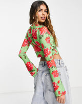 In The Style X Liberty Keyhole Long Sleeve Crop Top In Green Floral