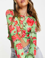 In The Style X Liberty Keyhole Long Sleeve Crop Top In Green Floral