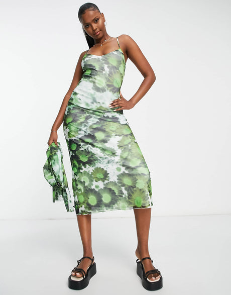 Motel Square Neck Cami Maxi Dress In Blurred Green Daisy Mesh