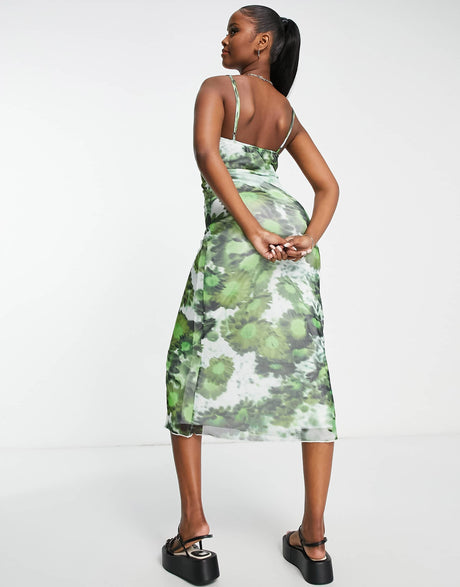 Motel Square Neck Cami Maxi Dress In Blurred Green Daisy Mesh