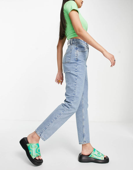 The Ragged Priest High Waisted Mom Jeans With Bum Rip In Mid Blue
