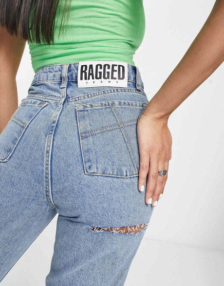 The Ragged Priest High Waisted Mom Jeans With Bum Rip In Mid Blue